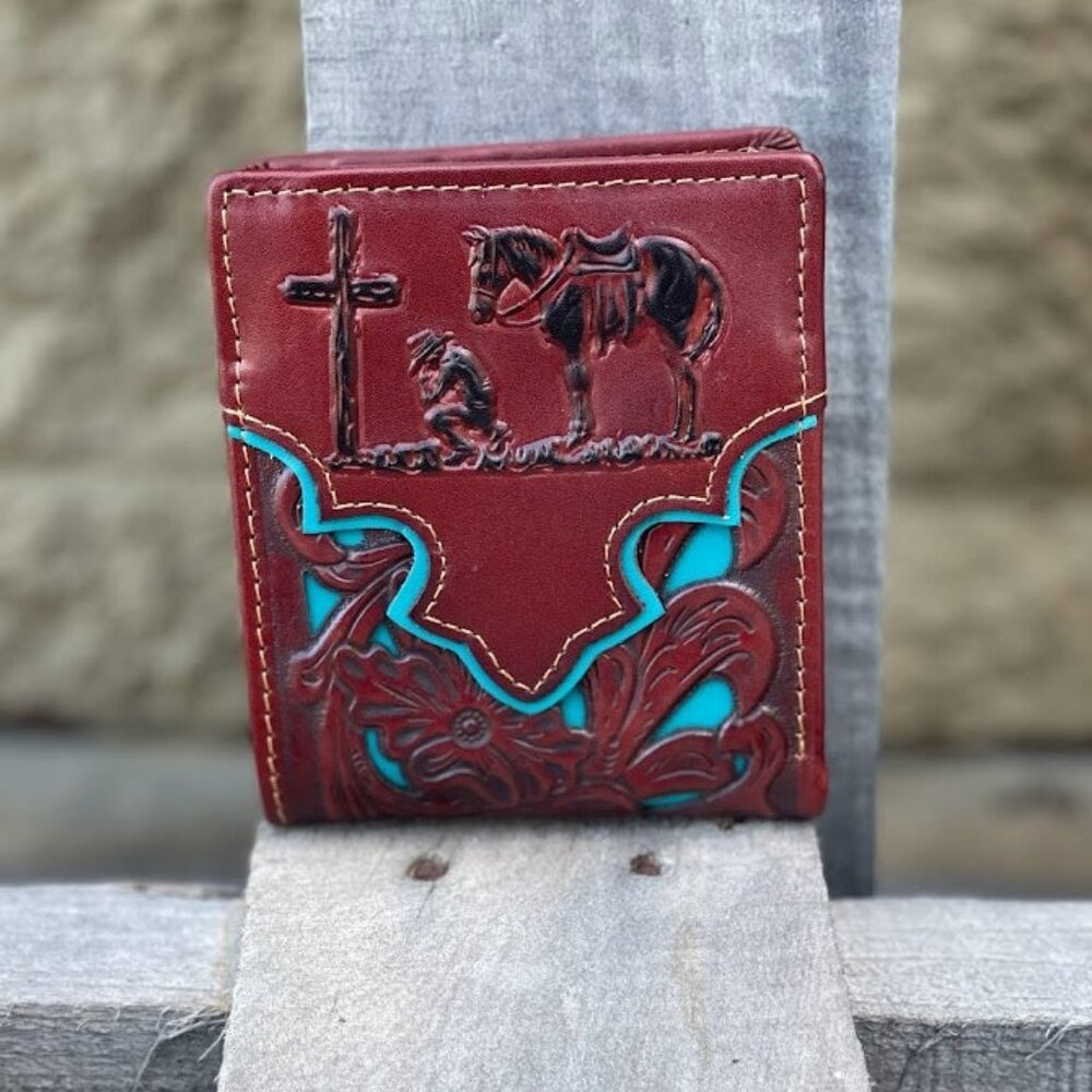 Embossed Praying Cowboy Design Brown Leather with Turquoise Inlay Bifold Wallet